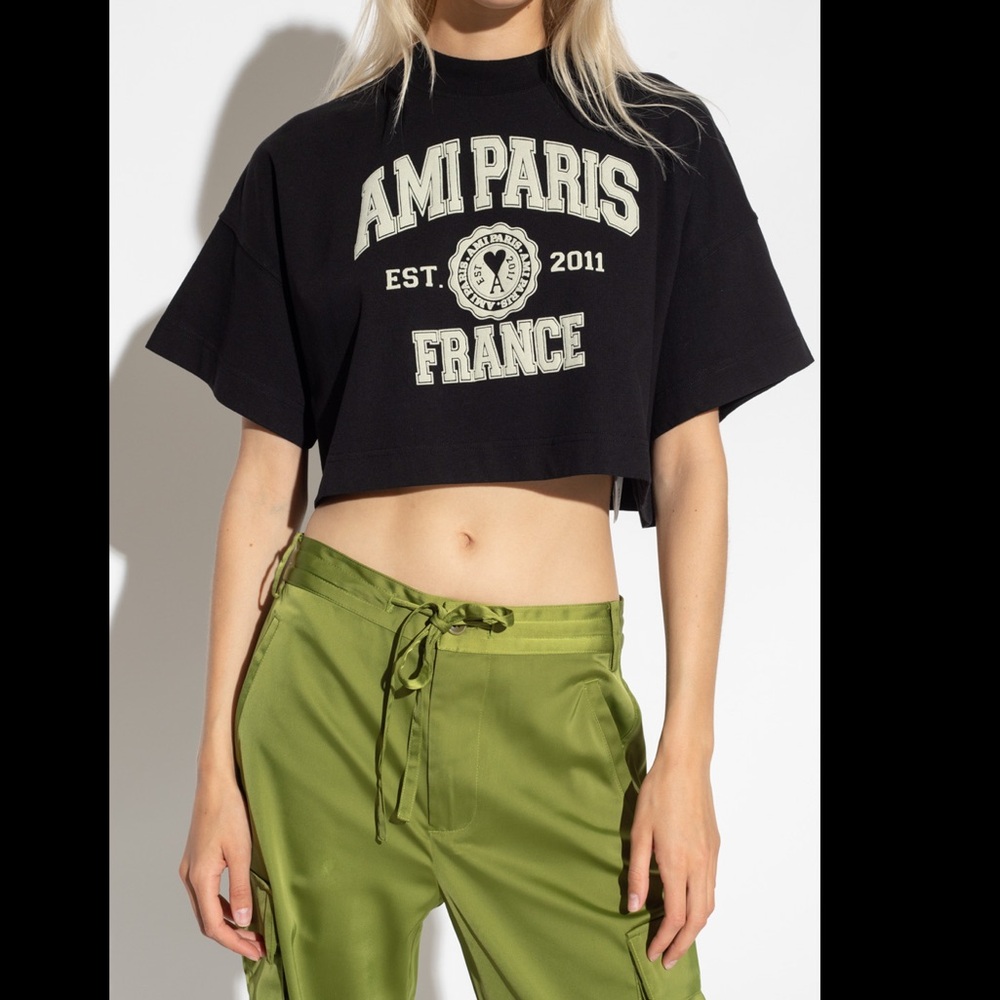 Ami Alexandre Mattiussi Black Cropped Logo T Shirt Size XS Women Organic Cotton